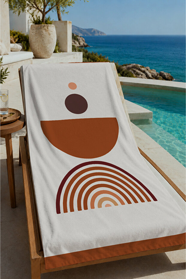 White Terracotta Rainbow Bohemian Patterned 70X150 Beach Towel - Digital Printed Fade-Resistant Bath Towel