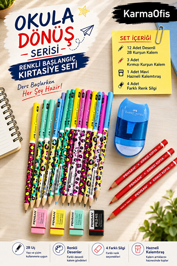 Back to School Stationery Set 12 Patterned 2B Pencils 3 Red Pencils 4 Erasers Blue Container Pencil Sharpener