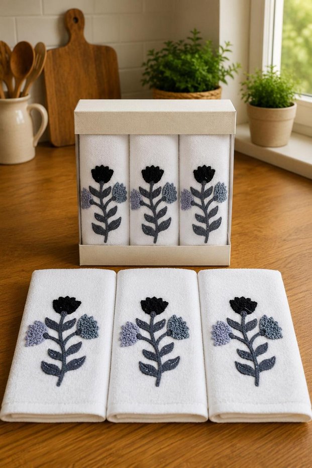 Spring 3-Piece Embroidered Gift Dowry Set 100% Cotton Kitchen Towel Set Boxed 30X50 cm