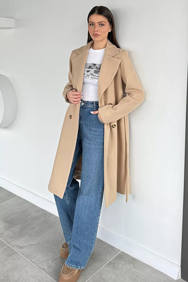 Beige Lined Front Buttoned Cashmere Coat