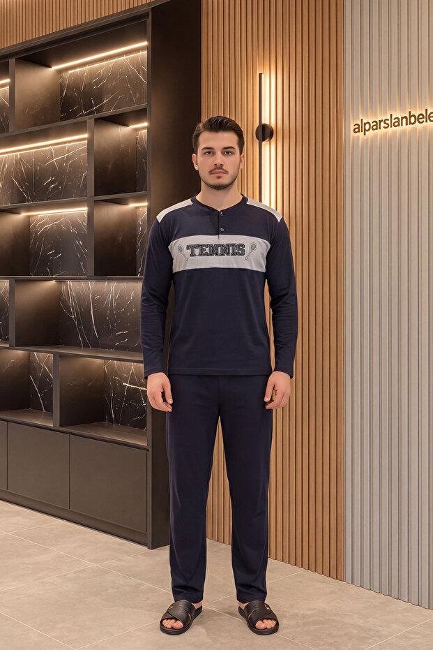 Single Jersey Pajama Set with Patchwork Decoration for Men, Navy Blue