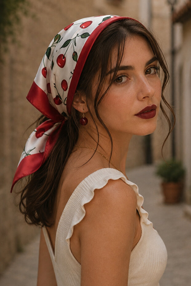 وشاح باندانا من الساتان الأحمر بنمط حديقة الكرز 50×50 سم