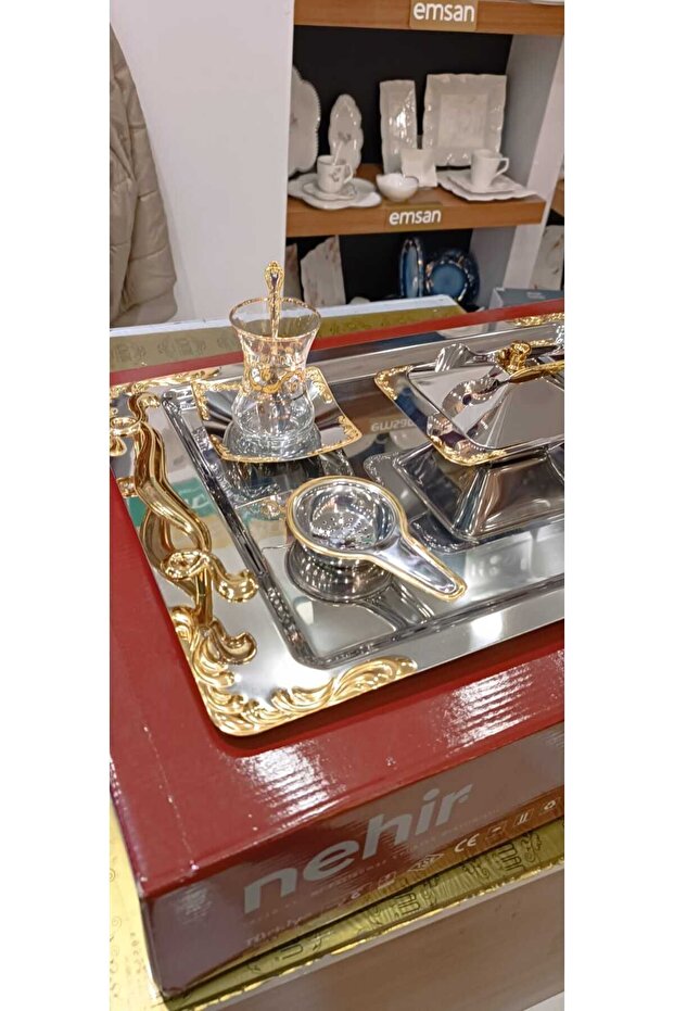 Nehi̇r Lalezar Plain Gold 40 Piece Tea Set for 12 People (with Cups)