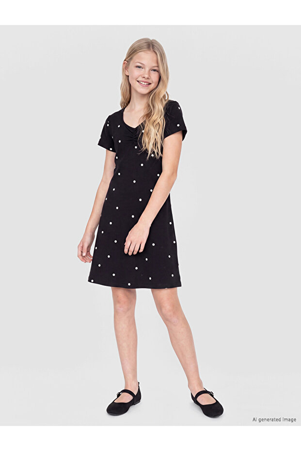 Orange V-Neck Polka Dot Girls' Dress