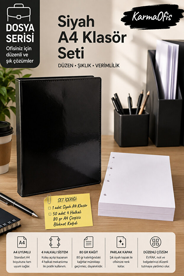 A4 4-Ring Black Folder Set 50 Sheets 80 Gr Unlined Notepad Paper