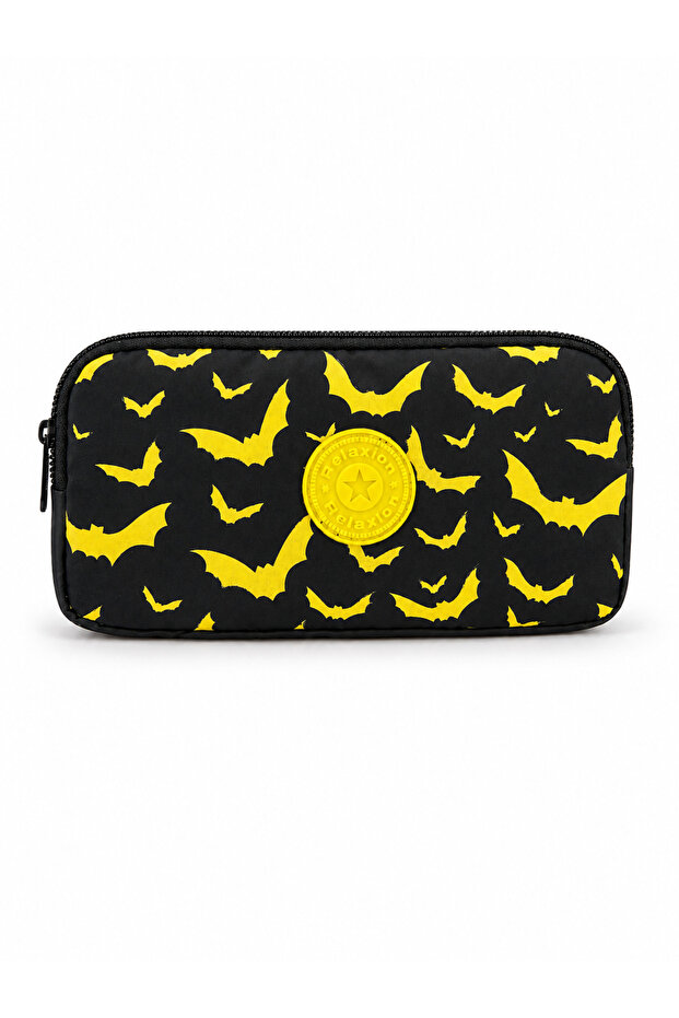 Bat Patterned Zippered Multi-Compartment Black Color Pen Holder