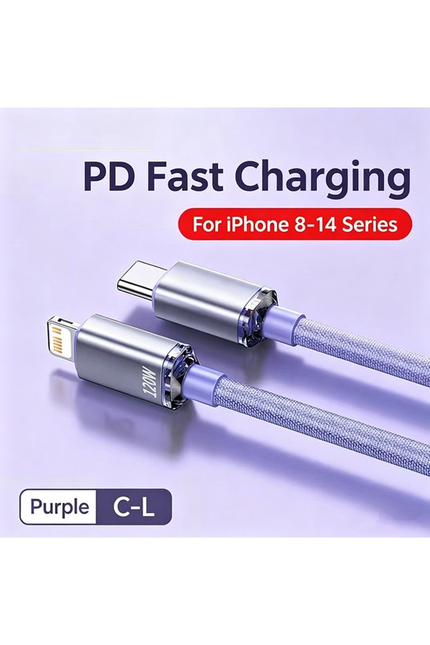 1m C-L Purple NNBILI Type C PD 120W Cable for iPhone 14 13 12 11 Pro X 8 Fast USB to L Cable for iPh