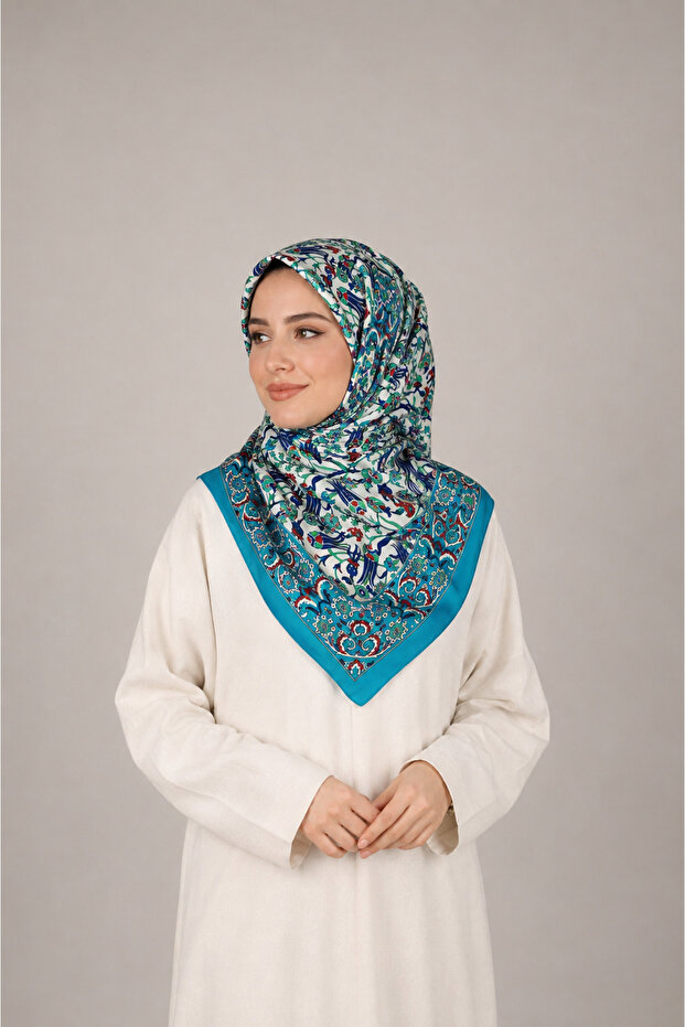 Turquoise Tile Patterned Square Scarf – Patterned Hijab Scarf