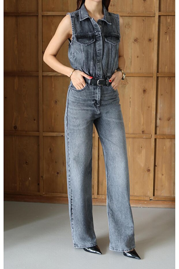 Women's Anthracite Sleeveless Shirt Collar Belted Pocketed Long Leg Denim Jumpsuit