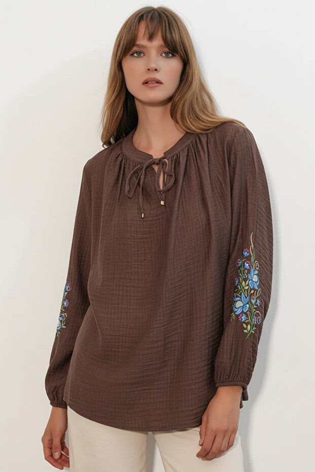 Women's Lace-Up Oversize Embroidered Sleeve Floral Patterned Brown Blouse