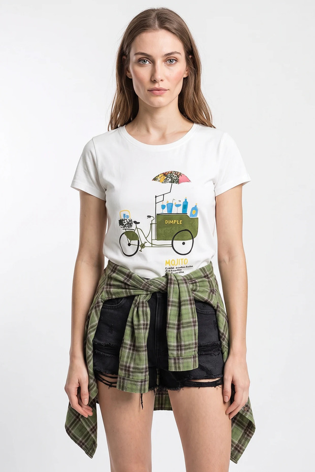 Women's Handmade Embroidered Bicycle Printed Premium Design Cotton T-Shirt White