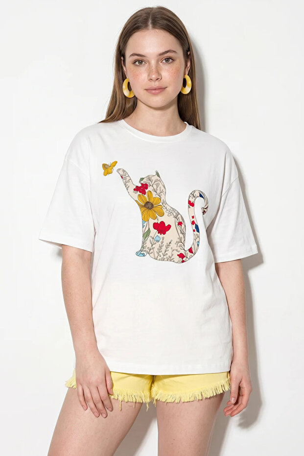 Women's Crew Neck Cat Printed Oversize Cotton t Shirt White