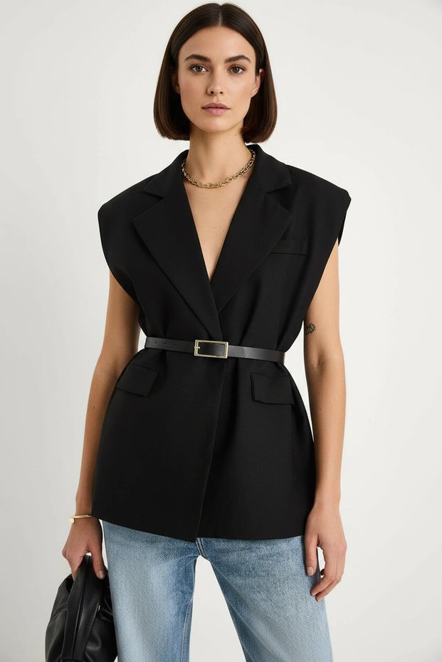 Women's Pocket Detailed Belted Padded Oversize Lined Blazer Black Vest