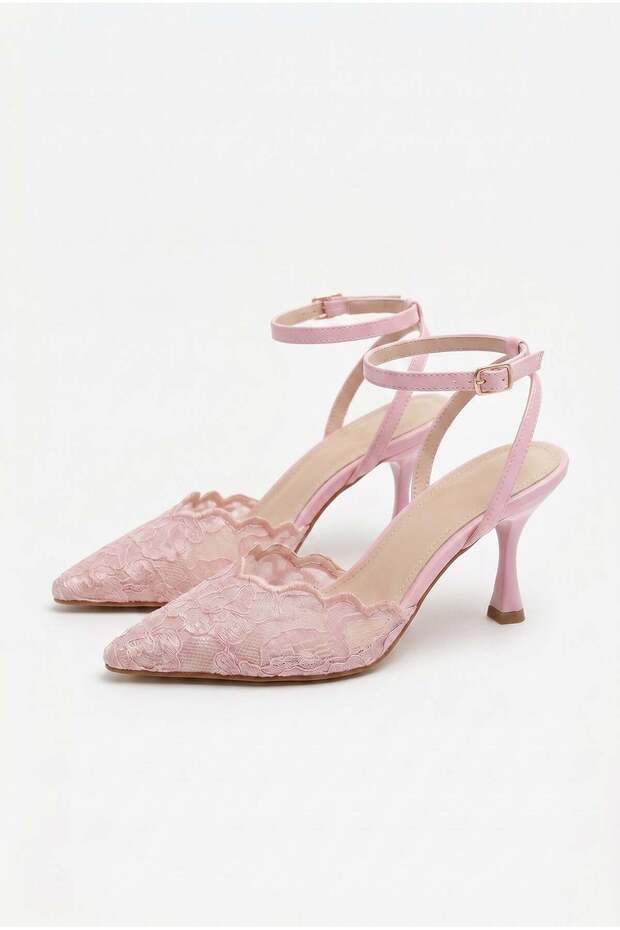 Women's Lace Detailed Pointed Toe Thin Heeled Shoes Powder