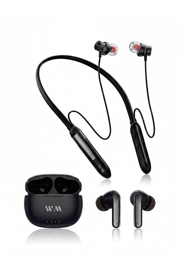 WMAX COB71 Wireless Earbuds and Neckband Combo, Bluetooth Earphones Dual Set with Built-in Microphone, Deep Bass Stereo Sound, Long Battery Life, Hands-Free Calling, Compatible with Android and iPhone