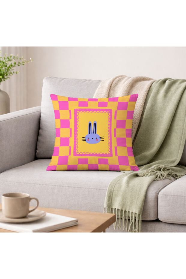 Pink Yellow Checkered Rabbit Patterned Decorative Throw Pillow Cover Retro 43X43 cm