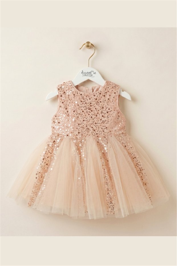 Sweetme Girl's Sequin Embroidery and Tulle Detailed Princess Dress Bronze