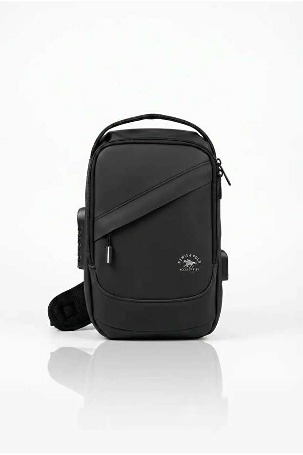 Unisex Black USB Output Anti Thief Waterproof Cross Chest Shoulder and Waist Bag with Lock