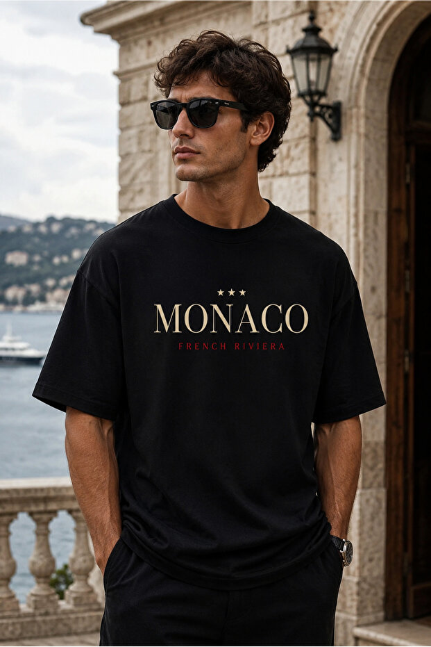 Unisex Black Oversize T-Shirt Short Sleeve Summer Combed Cotton Summer T-Shirt Minimal Monaco Cream Red Printed Black Oversize T-Shirt