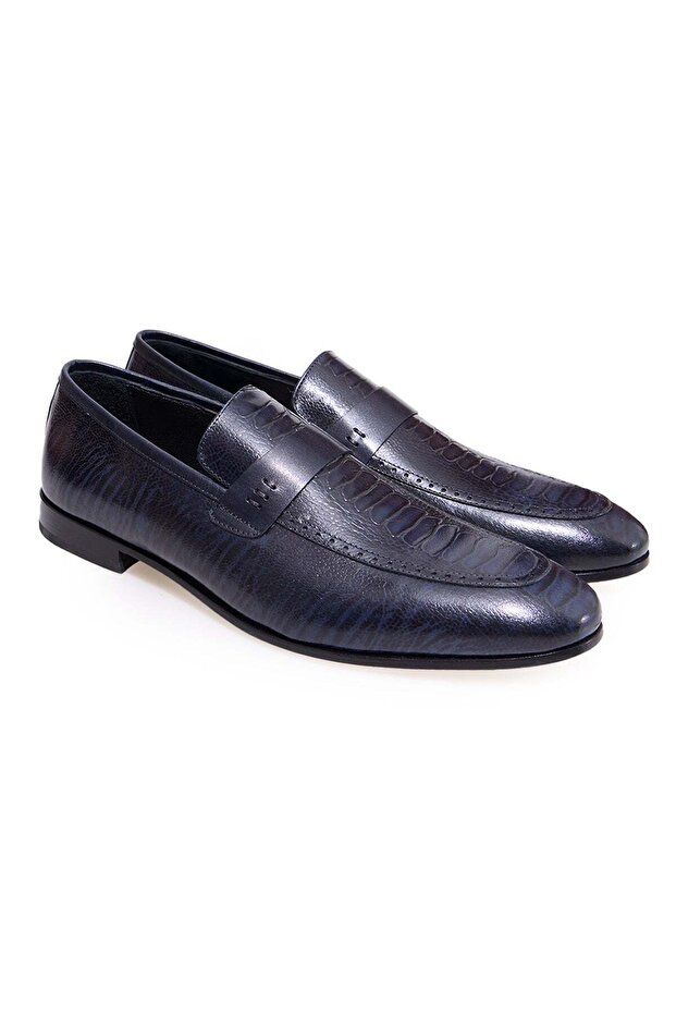 Dark Blue Color Laceless Genuine Leather Leather Sole Men's Shoes