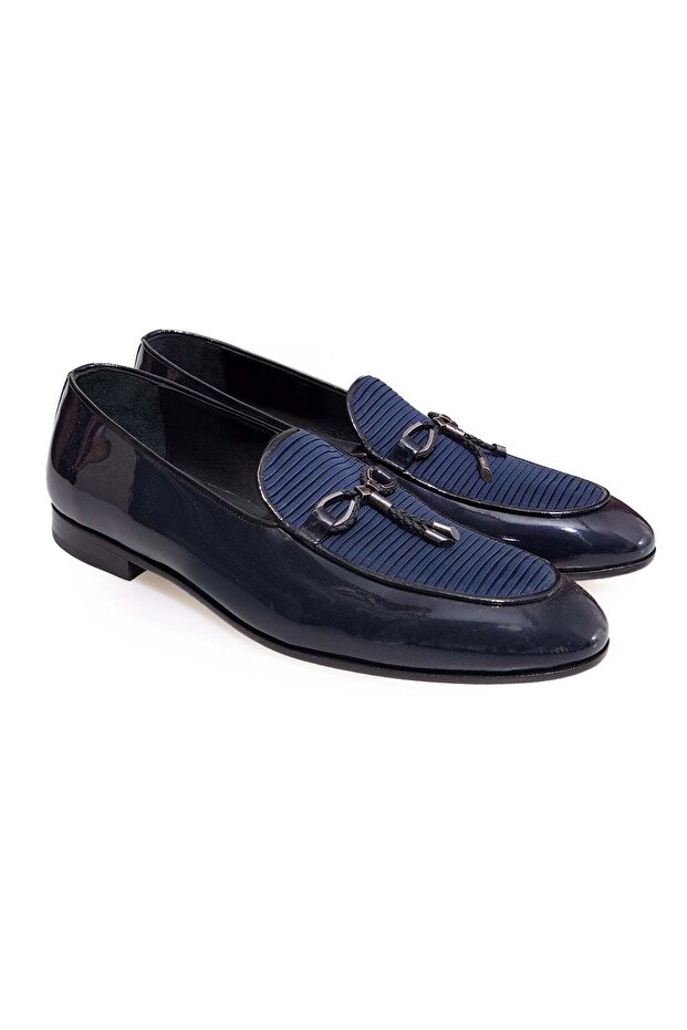 Dark Blue Color Laceless Genuine Leather Leather Sole Men's Shoes