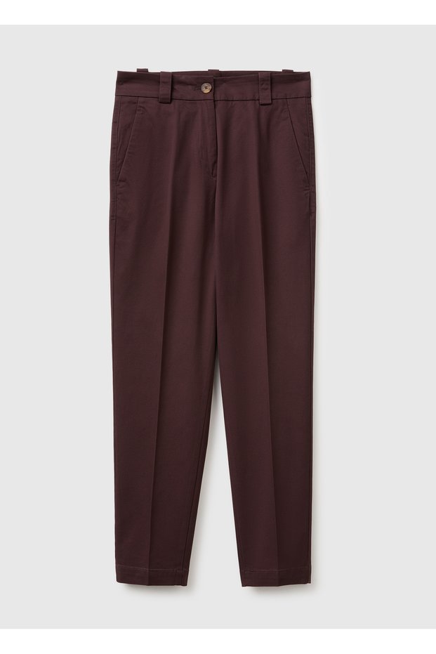Women's brown cotton blend straight leg trousers with seam detail on the front
