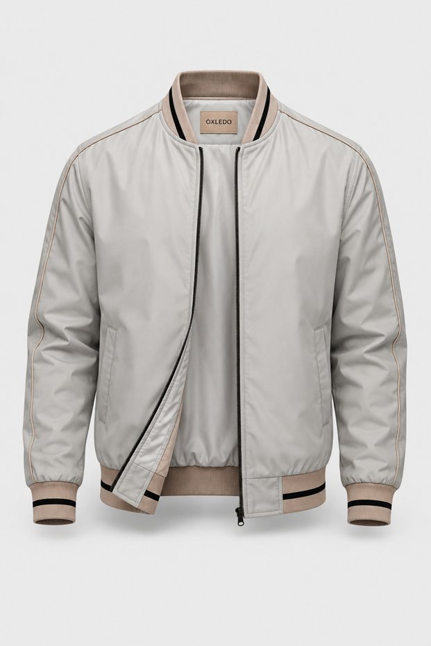 Men's Seasonal Jacket with Contrast Stripe Detail, Ribbed Collar and Cuffs, Beige