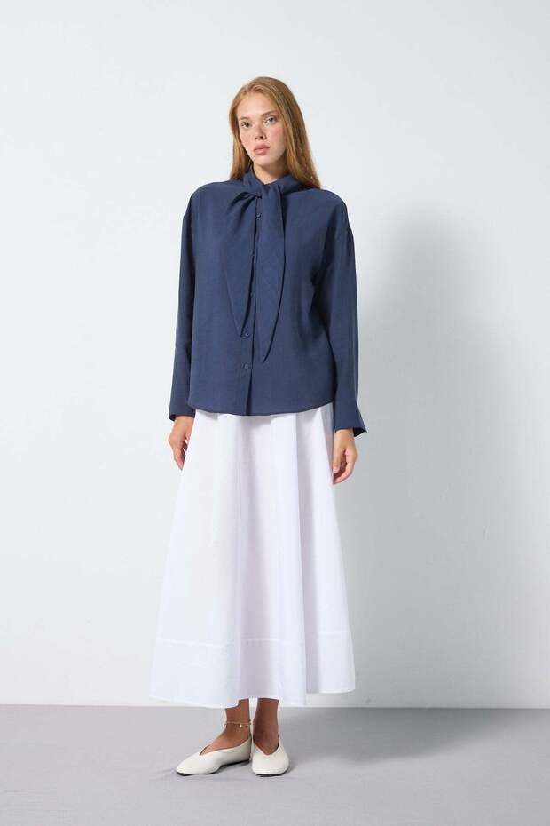 Women's Navy Blue Collar Detailed Modal Fabric Shirt 31189