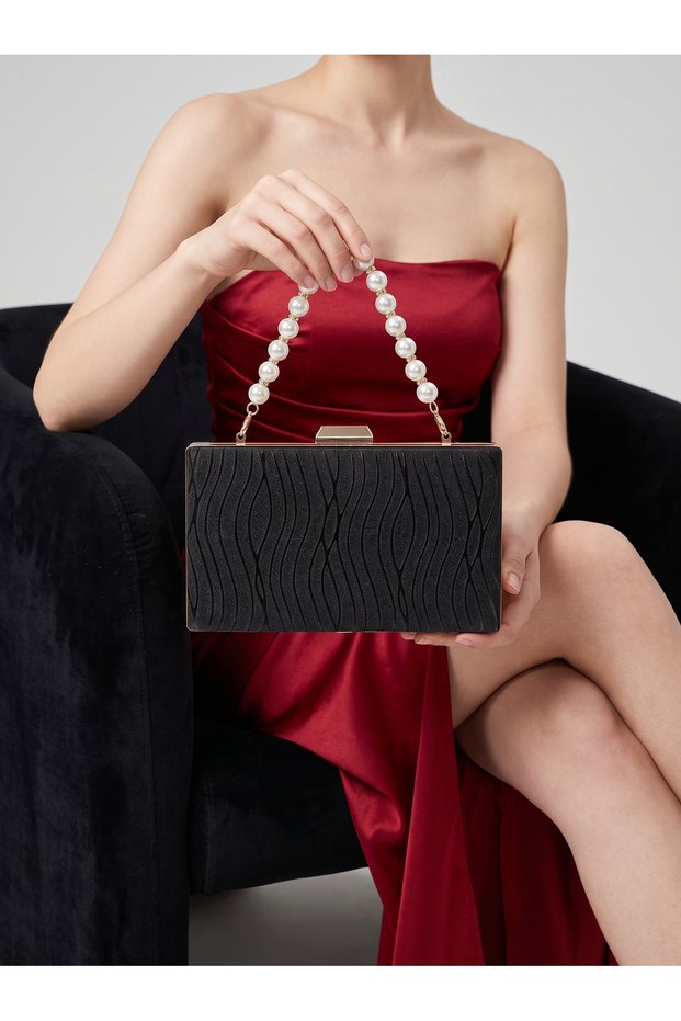 Black Striped Laser Patterned Pearl Detailed Women's Evening Dress Bag Wedding Engagement Graduation
