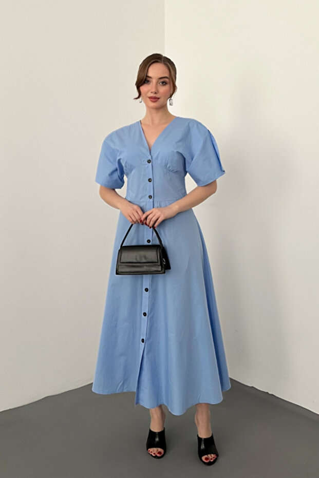 Blue Button Midi Length Poplin Dress