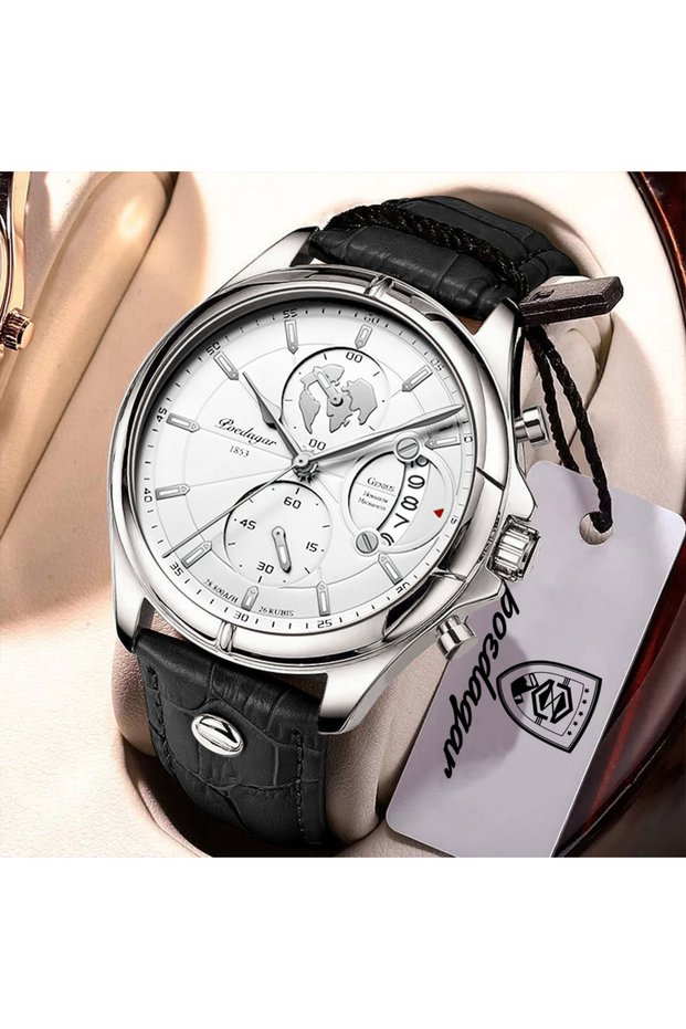 989 Silver White L POEDAGAR Functional Man Watch Chronograph Date Waterproof Leather Watches For Men