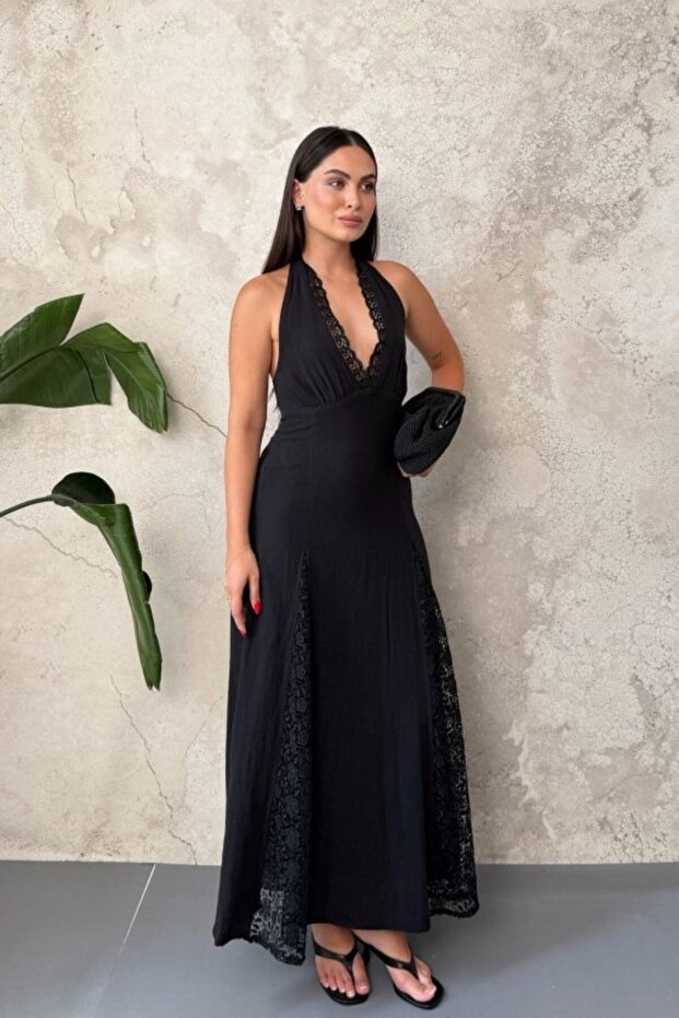 Black Lace Detailed Tie-Up Dress