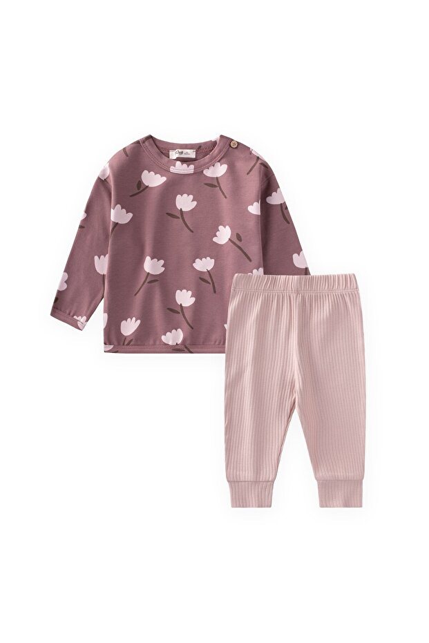 Patterned Long Sleeve Baby Set 0-3 Years Copper-Powder