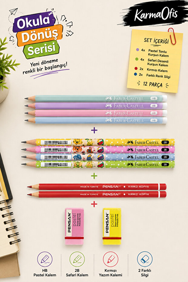 Karmaofis Back to School Pencil Set Set-1 | 12 Pieces | 8 Hb/2B Pencils | 2 Red Pens | 2 Eraser Set