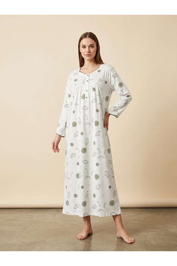 Long Sleeve Carnation Patterned 100% Cotton Plus Size Women's Nightgown