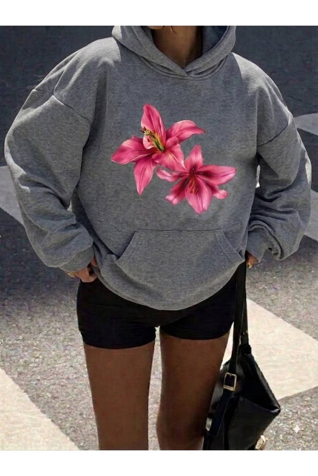 Women's Colorful Lily Flower Printed Hooded Sweatshirt