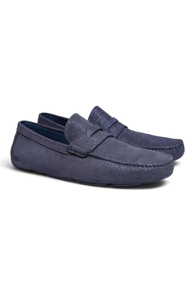 Dark Blue Color Laceless Genuine Leather Men's Shoes