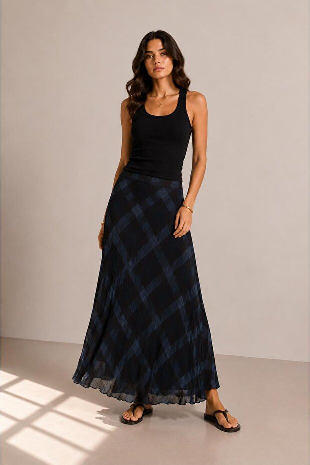 Navy Blue Plaid Patterned Chiffon Skirt