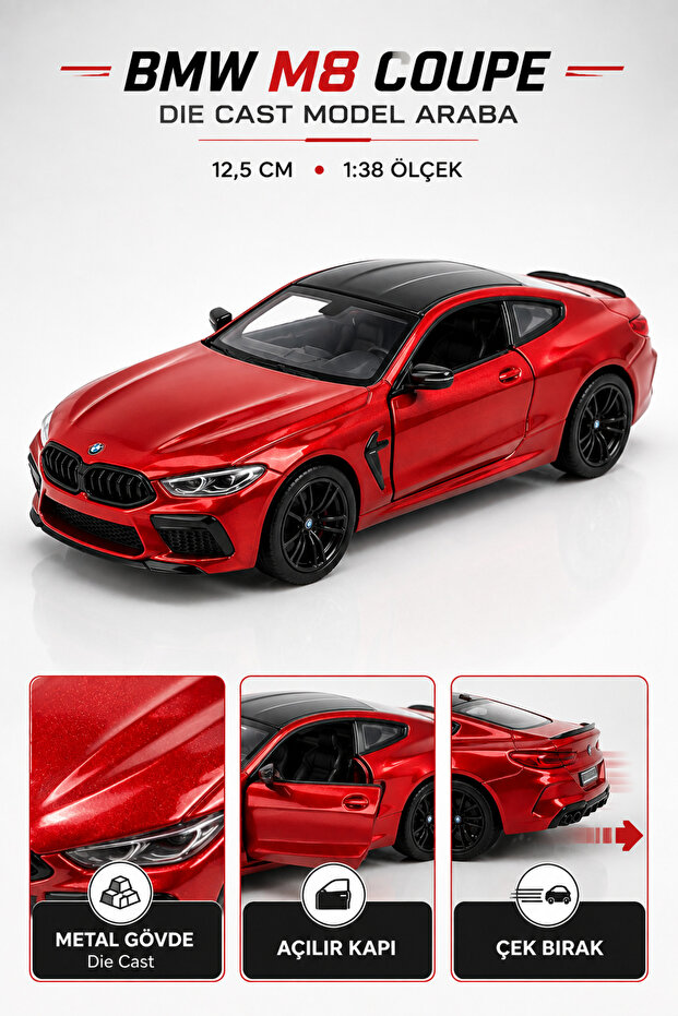 Die Cast Bmw M8 Competition Coupe Model Car 12.5cm – 1:38 Scale Metal Body Pull-Open Door Pull-Back Car
