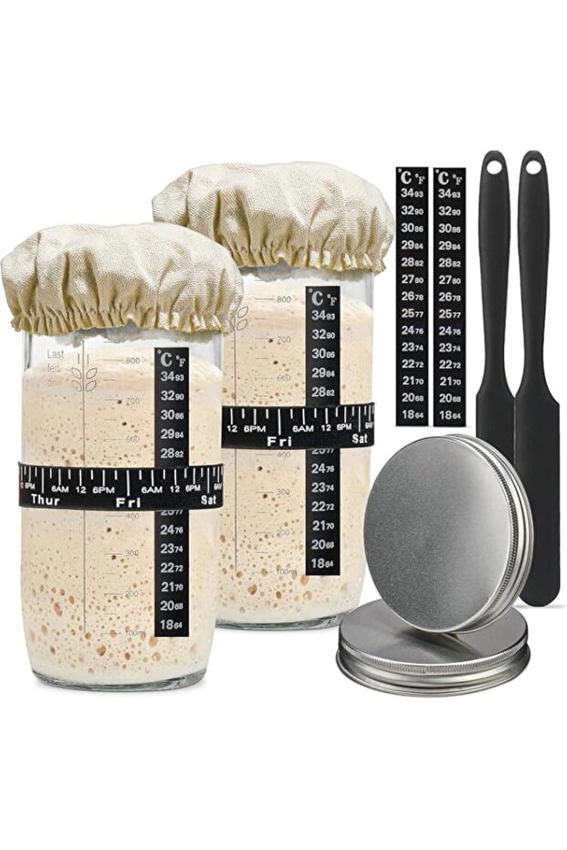 Sourdough Starter - Reusable Starter Jar Kit, 1000ml, Wide Mouth Sourdough Starter Container, with Silicone Scraper, Thermometer, Date-Marked Feeding Band