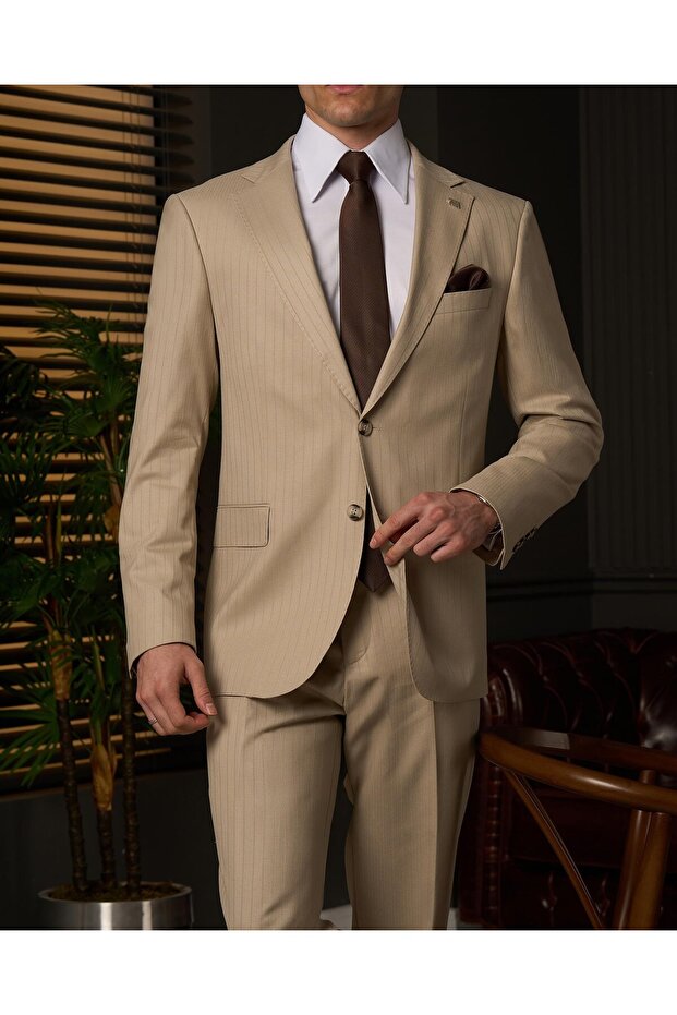 Regular Fit Men's Mono Collar Jacket Pants Suit Beige T20156-09