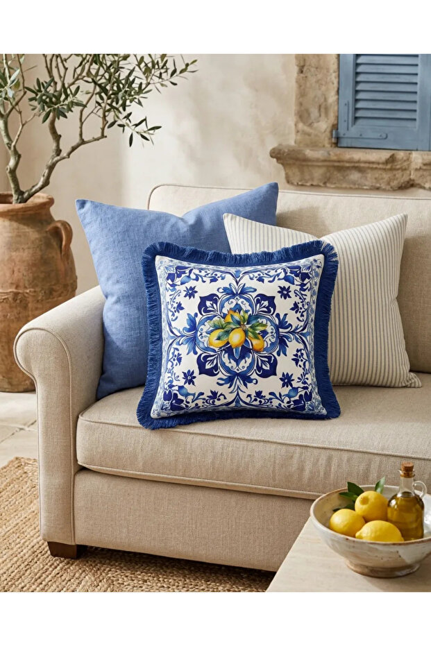 Amalfi Lemon Cobalt Blue Fringed Throw Pillow Cover