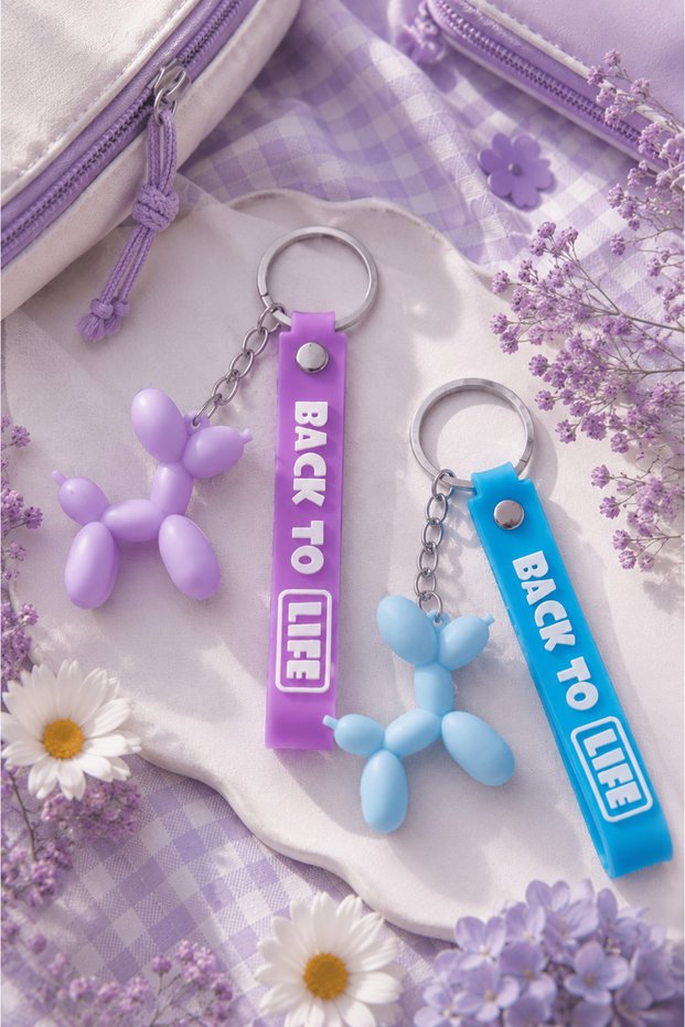Set of 2 Silicone Blue and Purple Keychain & Bag Charm with Balloon Dog Figure