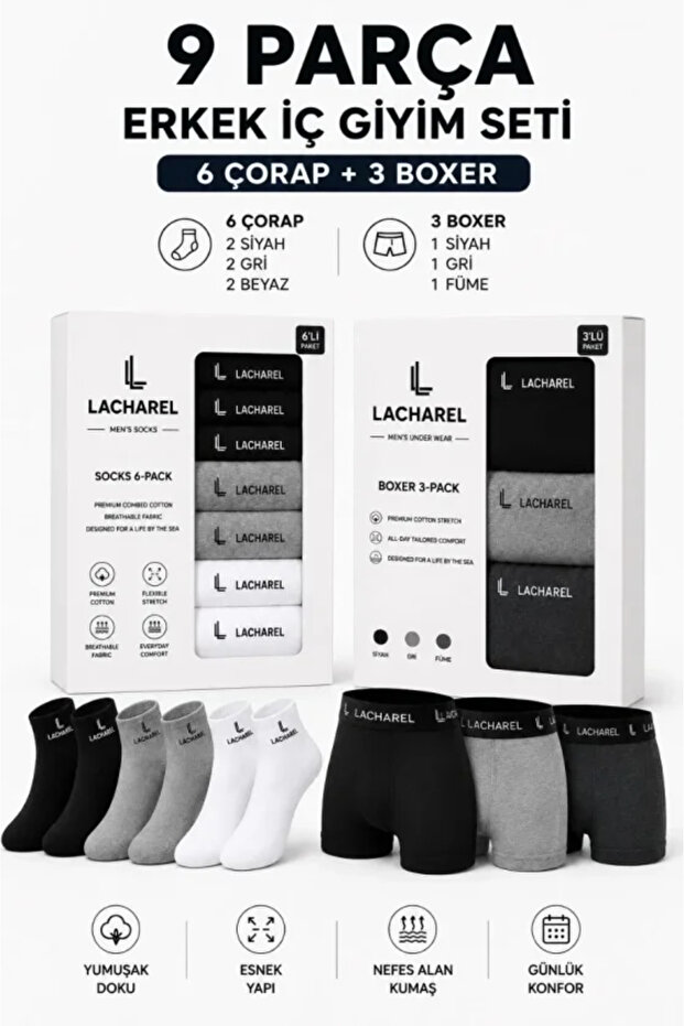 Men's 9-piece underwear set cotton 3 boxers 6 socks multipack - black - smoke grey - grey - white
