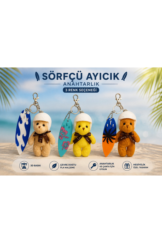 3D Printed Surfer Teddy Bear Keychain – with Surfboard, 3 Color Options