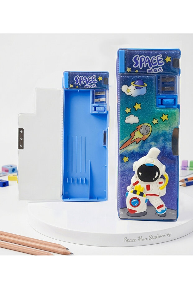 Functional Pencil Case Astronaut Rotating Rocket Pencil Holder with Sharpener - Blue Star