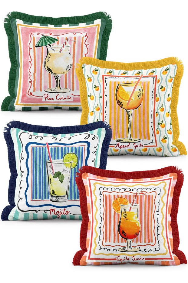 Summer Themed Set of 4 Fringed Throw Pillow Covers with Colorful Cocktail Illustrations