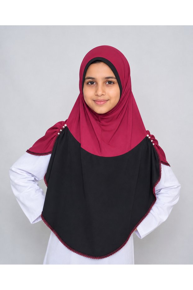 Girls Hijab for Kids – Stylish Two-Tone Modest Islamic Headscarf for Muslim Girls, Kids Hijab with Decorative Pearl Details & Scalloped Trim