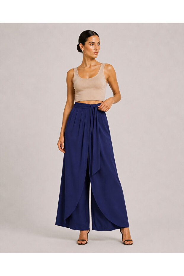 Women's Belted Double-Breasted Look Modal Fabric Wide-Leg Sweatpants