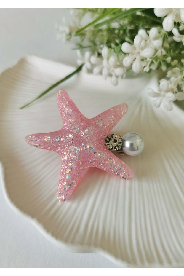 Sparkling Dark Pink Stone and Pearl Detailed Starfish Clasp 5.5X5.5 cm